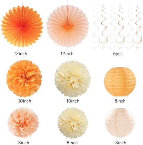 Orange-Peach Beige First Happy-Birthday Party-Decorations - 31pcs 20th Women Girls Bohemian Groovy Paper Lanterns Streamers Banner,Tissue Pom Poms Decor,Fall Boho Fans Tassels Graland Backdrop Hugmoon - Image 4