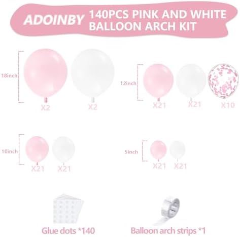 Pink and White Balloon Arch Kit, ADOINBY 140Pcs Macaron Pink Balloon Matte White Balloon 18 12 10 5 Inch Different Size Balloons for Engagement Wedding Birthday Baby Shower Gender Reveal Decorations - Image 2
