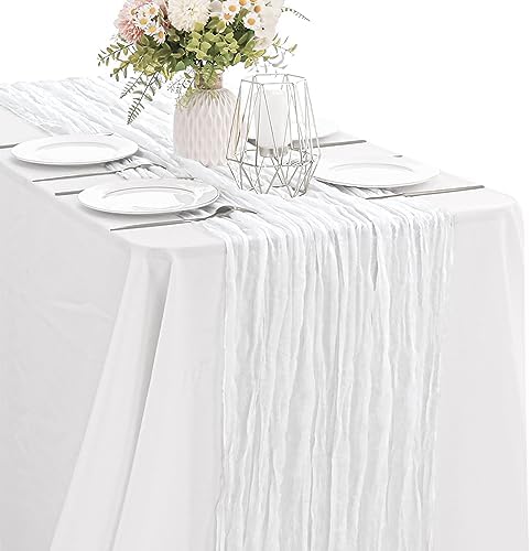 White 10FT Cheesecloth Table Runner Boho Gauze Fabric Table Runner Rustic Sheer Runner for Wedding Bridal Baby Shower Birthday Party Boho Table Decor（1 Pack White） by JALANCY