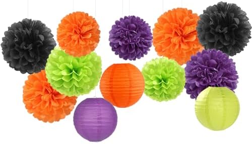 Black-Orange Purple Green Halloween Party-Decorations - 15PCS Paper Flowers Lanterns Tissue Pom Poms Streamers,Vintage Birthday Baby Shower Bachelorette Wedding Bathroom Hanging Supplies Decor Hugfond - Image 7