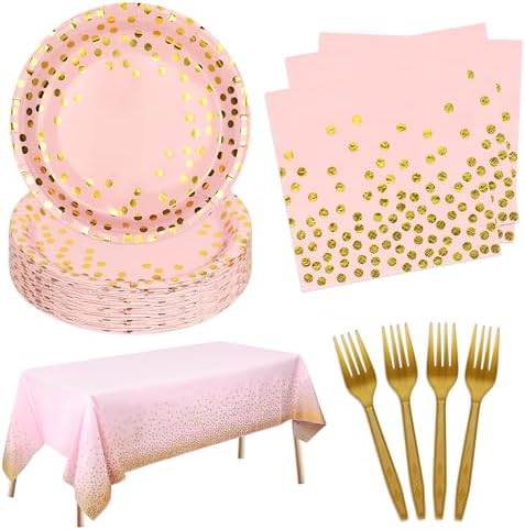 Pink and Gold Paper Plates and Napkins Tablecloth Party Supplies,Serves 25 Guests Pink Gold Plates and Napkins Tablecloth,Disposable Tableware Set for Birthday Wedding Bridal Shower Decorations by Upigi