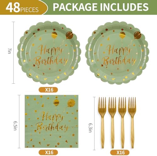 48PCS Happy Birthday Sagegreen and Gold Plates&Napkins Party Supplies - Image 2