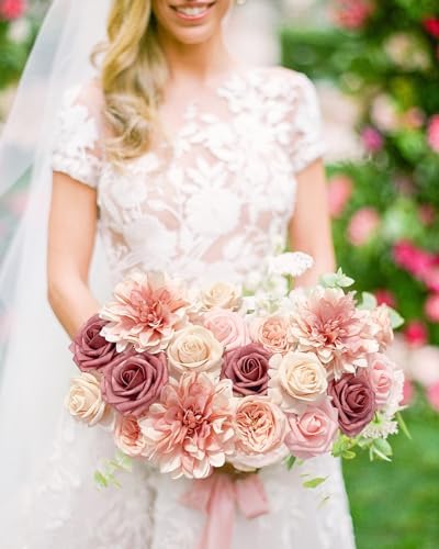 FACINOC Pink Roses Artificial Flowers Dusty Blush Fake Flower Bulk Box Set - Image 2