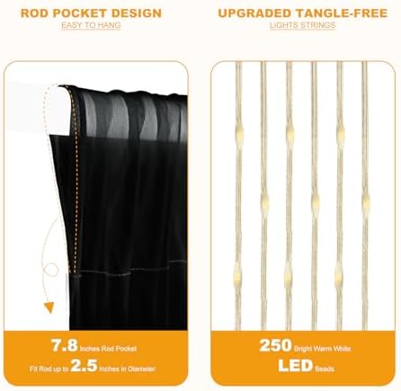 Tulle Curtain Backdrop with Fairy Lights for Parites Wrinkle-Free Sheer Curtain Drapes Photo Back Drop for Wedding Halloween Baby Shower Bridal Shower Birthday Dance Home Décor- 10ft×8ft, Black - Image 6