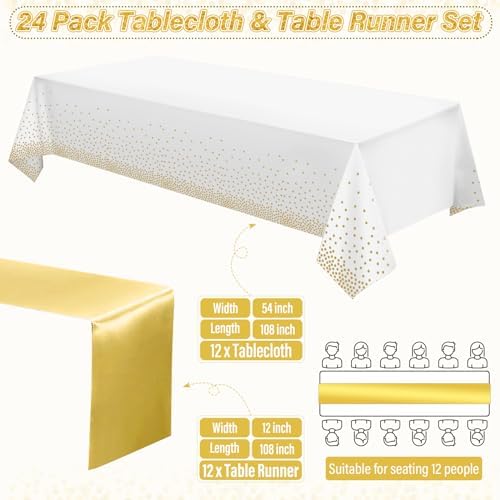 24 Pack White and Gold Tablecloth and Table Runner Set Party Decorations, White and Yellow Gold Plastic Disposable Tablecloth and Satin Table Runner for Wedding Birthday Graduation Anniversary Party - Image 2