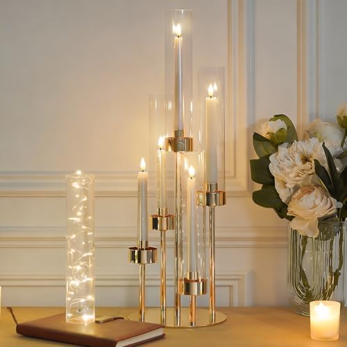 5-Arm Black Metal Table Candelabra Centerpiece, 22" Tall Clear Candlesticks Holder with Shade for Valentines Day Events Party Table Centerpiece,Fit LED Candles (4, Gold, S-22in) - Image 7