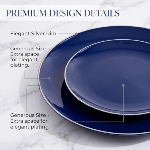 KIRE 175Pcs Blue Plastic Plates with Silver Rim & Disposable Silverware with Blue Handle & Silver-rim Cups & Hand Napkin & Plastic Dinnerware for Parties/Wedding/Hanukkah/Christmas - Image 4