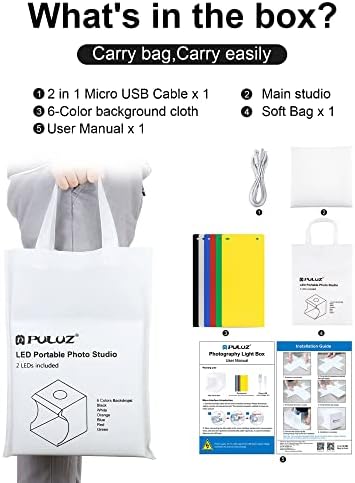 Photo Studio Box with LED Light, PULUZ 20cm Mini Portable Photography Lighting Tent Kit, White Foldable Shooting Softbox with 2x20 Lights + 6 Backdrops for Product Display - Image 6