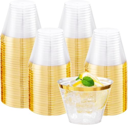 I00000 Heavy Duty Plastic Cups, 9 oz, Gold Rimmed, Clear, 100 Count, BPA Free, Disposable, for Party & Wedding by I00000