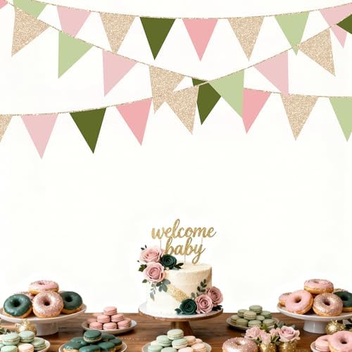 Sage Green Dusty Rose Pink Champagne Gold Pennant Banner Flag Hanging Glitter Paper Triangle Bunting for Jungle Safari Woodland Themed Birthday Wedding Wild Party Decorations Supplies - Image 6