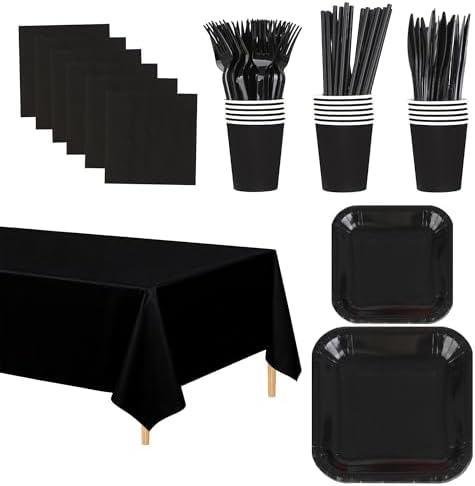129 PCS Black Disposable Dinnerware Set for 16 People, Party Supplies with 7"/9"Paper Plates, Cups, Napkins, Plastic Forks, Knives,Tablecloth for Wedding Birthday, Graduation, Festivals by Unknown