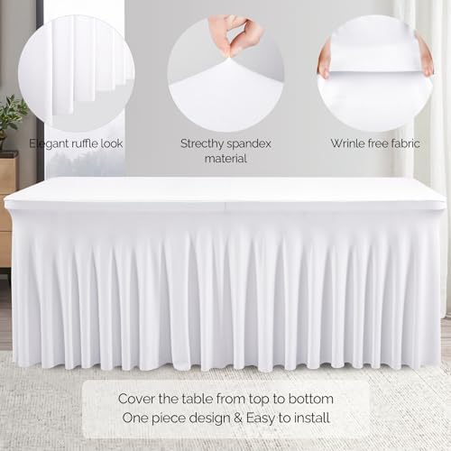Wish Care 12 Pack White Spandex Table Clothes for 6 Foot Rectangle Tables, 6FT Wrinkle Free Fitted Tablecloths Ruffles Design Table Cloth for Party, Banquet, Wedding and Events - Image 3