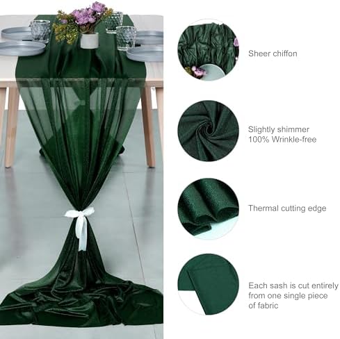 Pack of 5 Chiffon Table Runners 29 x 120 Inch, 10FT Long - Hunter Green - Image 6