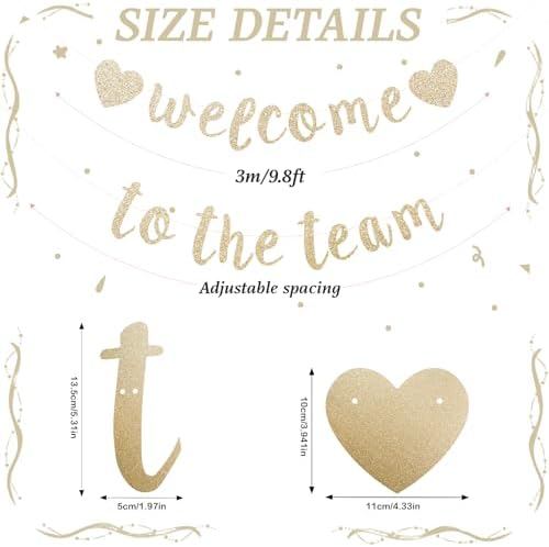 Welcome to the Team Banner Pre-Strung No DIY, Glitter New Employee Welcome Decorations for Office, Script Cursive 300gsm Cardstock with Heart Signs, Coworker Onboarding Party Supplies (Champagne Gold) - Image 2