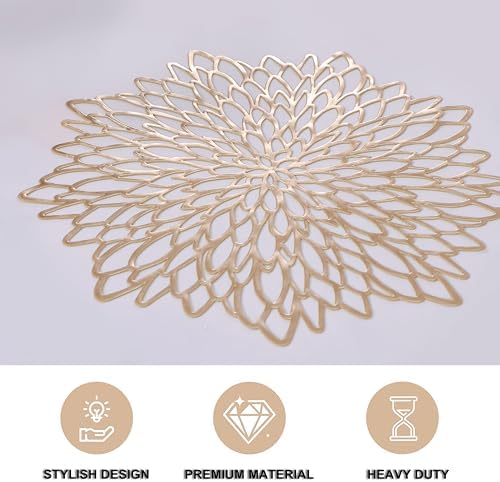 Snowkingdom 4 Pack Gold Placemats Metallic Pressed Vinyl Golden for Dinning Table Place Mats Round Floral Charger Decoration for Christmas Thanksgiving Holiday Wedding - Image 3
