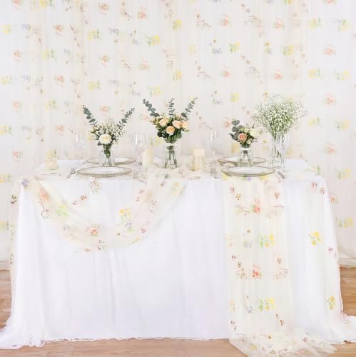 Beige White Floral Gauze Table Runner 10ft Embroidery Tulle Spring Decor - Image 5