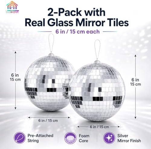 Youdepot 6-Inch Disco Ball, Silver Hanging Mirror Balls, 2-Pack - Image 4