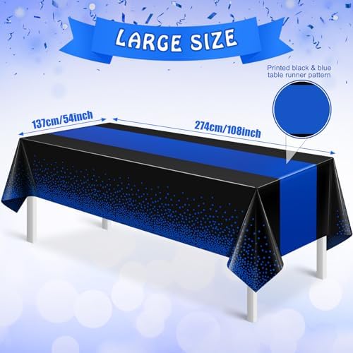 MASHAN 1Pcs Black and Blue Tablecloth Party Decorations,Plastic Black Table Cloth Printed Blue Table Runner Disposable Rectangle Cover for Birthday Wedding Anniversary Graduation Party,54 x108 Inch - Image 2