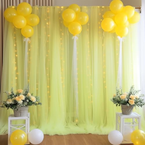 30ft x 10ft Yellow Backdrop Curtain with Lights String for Parties, Sheer Tulle Wedding Photo Backdrops Drapes for Baby Shower Birthday Party Decorations Background for Photography - Image 2