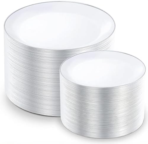 KIRE 200PCS Silver Plastic Plates - White Plastic Plates with Silver Rim Include 100 Dinner Plate and 100 for Dessert/Salad Plate for Birthday/Wedding/Party/Christmas by KIRE