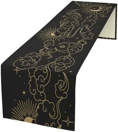 Sun Moon Table Runner Magical Boho Astrology Stars Fall Seasonal Autumn Chinese Gold Clouds Dinner Runner for Farmhouse Party Holiday Home Kitchen Dining Table Decoration 13"x60" by SHElifestyle