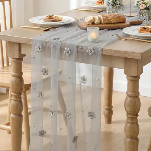 Artoid Mode Gray Flower Pearl Gray Gauze Table Runner 10FT, Seasonal Sheer Dining Holiday Wedding Birthday Baby Shower Table Decor for Home Party - Image 6