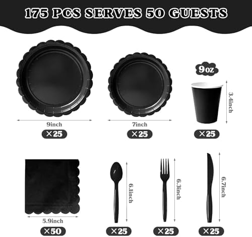 Vyntra 175 Pcs Black Paper Plates and Napkins Party Supplies - Image 3