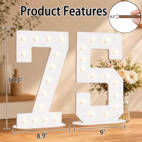 Pooqla 75th Birthday Decorations, 17.3 in White Wooden Light Up Numbers - Image 4