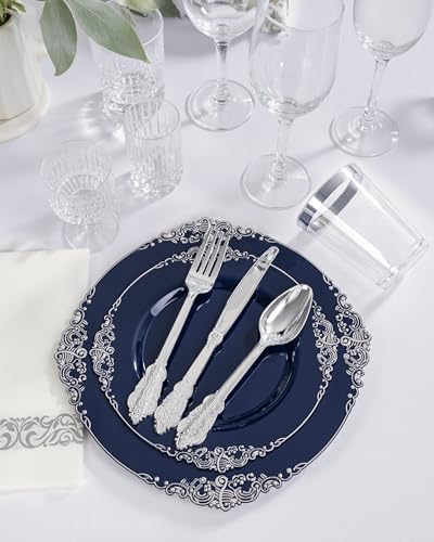 Hioasis 350 Pcs Blue Silver Plates for Graduation - Image 4