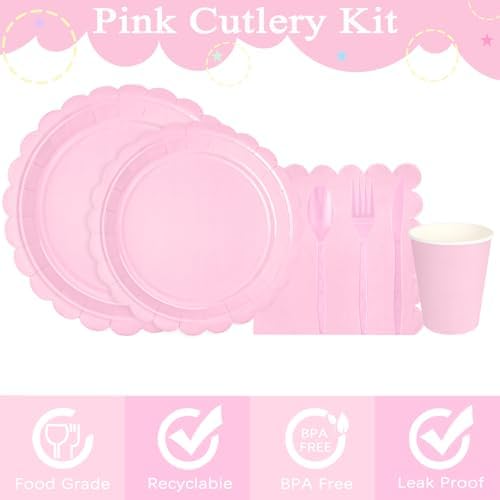 WNINK 175 PCS Light Pink Scalloped Plates and Napkins, Pink Disposable Plates Set with Napkins Cups Plastic Spoons Forks Knives for Birthday Baby Shower Gender Reveal Party Supplies Serve 25 Guests - Image 3