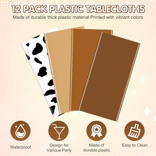 12Pack Brown and Cow Print Western Plastic Tablecloth for Rectangle Tables, Cowboy Rodeo Disposable Table Cover, Brown Rustic Table Cloth for Western Farm Cowboy My First Rodeo Baby Shower Party Decor - Image 3