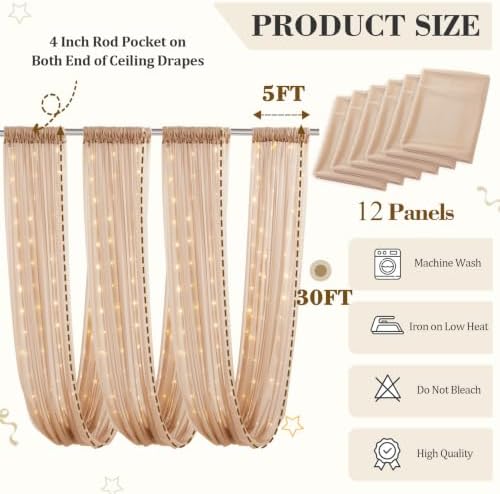 12 Panels Deep Champagne Ceiling Curtains with Lights for Weddings - 5ftx30ft Wrinkle-Free Tulle Fabric Wedding Arch Draping Ceiling Drapes Decorations for Wedding Party Ceremony Stage Tent Event - Image 4