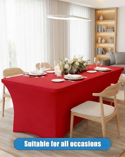 6FT Red Table Cloth - 2 Pack Fitted Stretch Rectangle Spandex Tablecloth, Washable Table Cover for Party, Picnic, Wedding, Banquet, Birthday and Festival(30" x 72") - Image 2