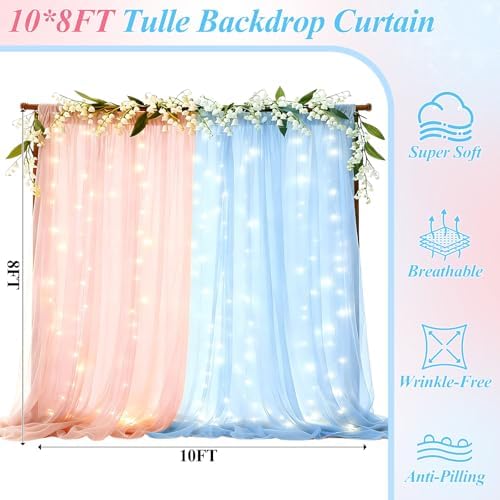 Ledido 10×8ft Pink Blue Tulle Backdrop Curtains with Light(2 Panels 5×8ft) - Image 2