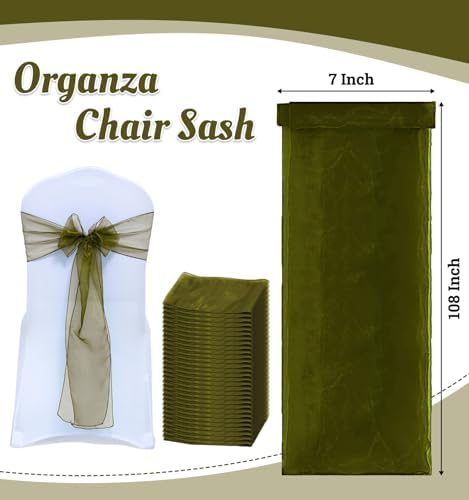 MDS Pack of 50 Organza Chair Sashes for Wedding & Event Décor – Olive Green - Image 3