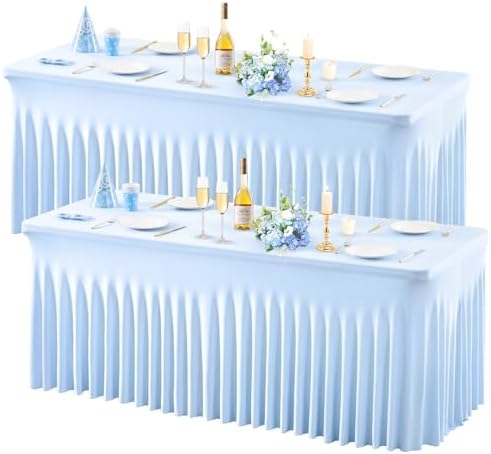 Wish Care 2 Pack Baby Blue Stretch Spandex Table Clothes for 4 Foot Rectangle Tables, 4FT Wrinkle Free Fitted Tablecloths Ruffles Design Table Cover for Party, Banquet, Wedding and Events by WishCare