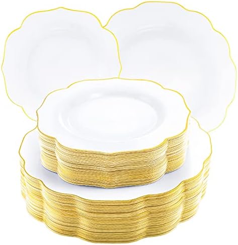 NOCCUR 120PCS White and Gold Plastic Plates - 10.25inch and 7.5inch Gold Disposable Plates Set Heavy Duty for Party/Fall/Wedding/Thanksgiving by NOCCUR