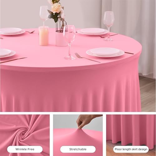 Fitted Pink Spandex Table Skirts for Wedding Party,60 Inch Round,6 Pack - Image 4