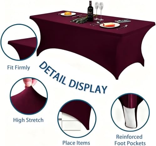 6FT Burgundy Table Cloth - 2 Pack Fitted Stretch Rectangle Spandex Tablecloth, Washable Table Cover for Party, Picnic, Wedding, Banquet, Birthday and Festival(30" x 72") - Image 5