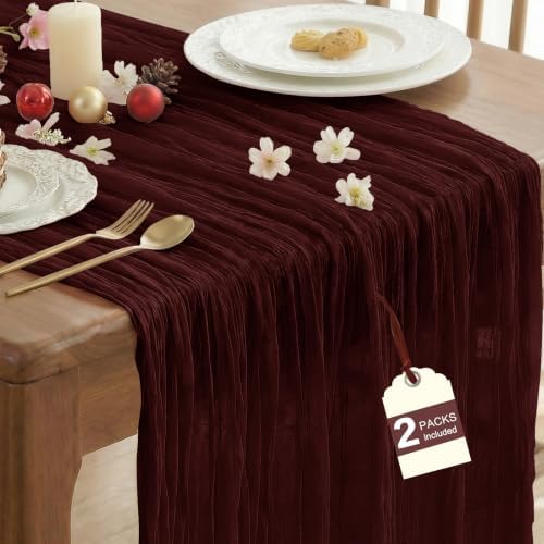 2 Pack Fall Table Runner Burgundy Red Cheesecloth for Home Christmas Party by IVAPUPU