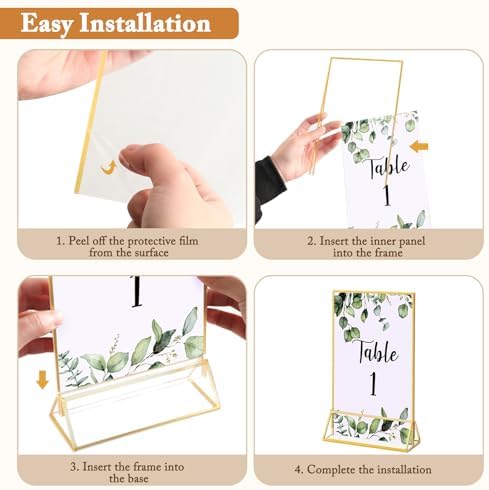 Floroom 12 Pack 5x7 Inch Clear Acrylic Sign Holders, Gold Border Double-Sided Vertical Picture Frames & Display Stands for Table Numbers, Photos, Menus, Flyers, Weddings, Parties & Events - Image 3