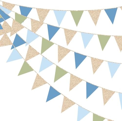 Champagne Gold Dusty Blue Sage Green Pennant Banner Flag Olive Green Blue Hanging Glitter Paper Triangle Bunting for Birthday Wedding Shower Silly Goose Themed Party Decorations Supplies by pinkblume