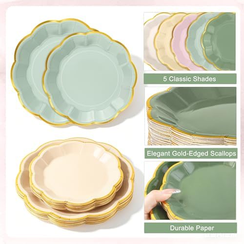Kochorie 100 Pcs Sage & Pink Scalloped Paper Plates and Napkins - Image 3