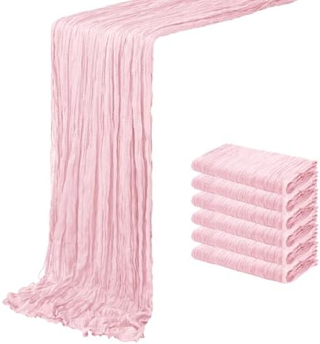 6 Pack Light Pink Cheesecloth Table Runner 20 x 120 inch Gauze Table Runners 10 FT Long,Semi Sheer Boho Cheese Cloth Fabric Table Runner Bulk for Wedding,Party,Baby Shower,Bridal Shower Decoration by ACSUIT