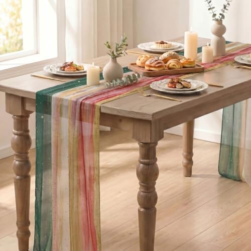 Artoid Mode Boho Green Red Stripes Christmas Chiffon Table Runner 120 Inches 10FT,Seasonal Fabric Kitchen Dining Holiday Table Decor for Home Party - Image 4
