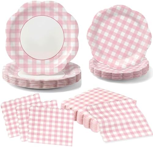 150Pcs Pink Gingham Paper Plates and Napkins Party Supplies for 50 Guests by OuMuaMua