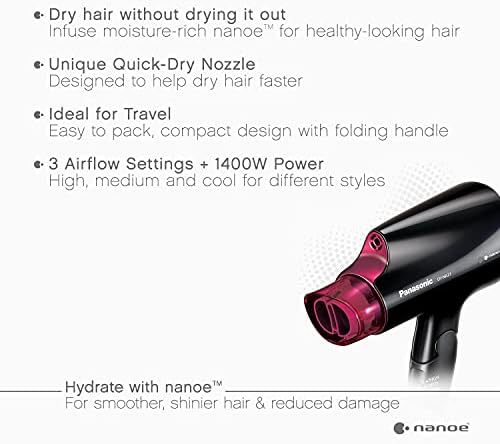 Panasonic nanoe Compact Hair Dryer for Healthy-Looking Hair, 1400W Portable, Folding Handling and Quickdry Nozzle for Fast Drying – EH-NA27-K (Black/Pink) - Image 2