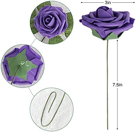 AmyHomie Purple Rose 25pcs Real Looking Artificial Flowers w/Stem - Image 2