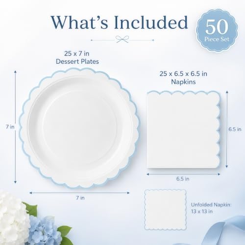 50 Pcs Blue and White Paper Plates and Napkins, 7 Inch Disposable Scalloped Plates & Napkins Party Supplies Cake Dessert Plate Tableware for Baby Shower Bridal Shower Wedding Birthday - Image 2