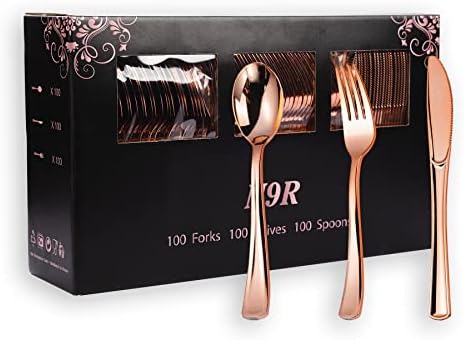 N9R 300PCS Rose Gold Plastic Silverware, Disposable Cutlery & Utensils by N9RTABLEWARE
